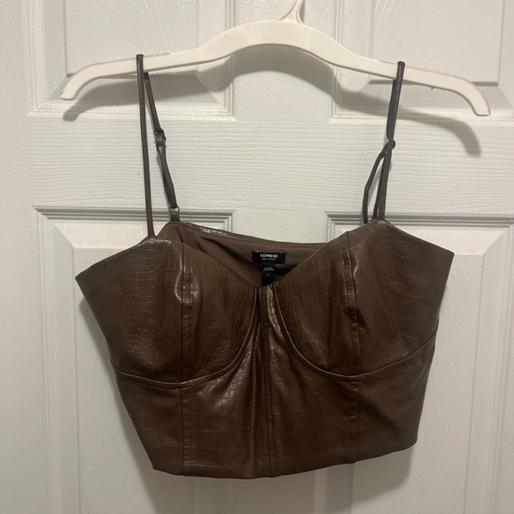 Express Brown Faux Leather Cropped Bodysuit - Picture 1 of 3